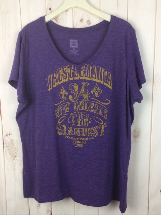 WWE Tops - WWE Purple V-Neck WrestleMania 34 Graphic Tee with Gold Print 2X